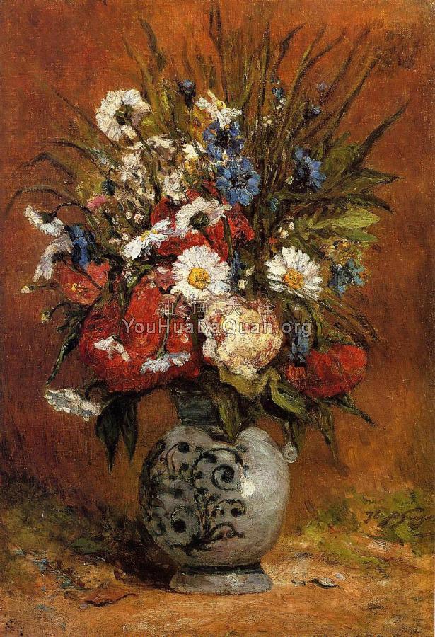 Daisies and Peonies in a Blue Vase - 保罗·高更